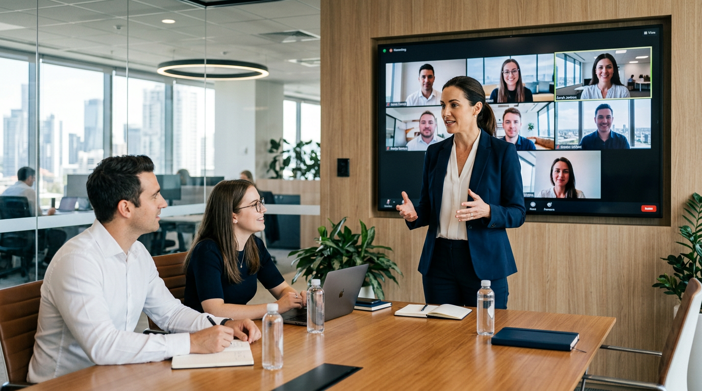 Líder dirigiendo una reunión con equipo híbrido presencial y en remoto