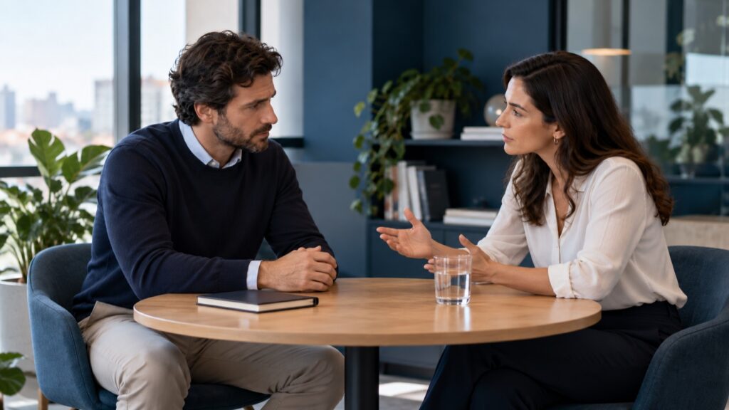 Una responsable mantiene una conversación difícil con un empleado